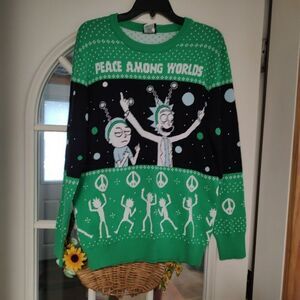 New Rick And Morty Green Black Peace Among Worlds Christmas Sweater Men's M